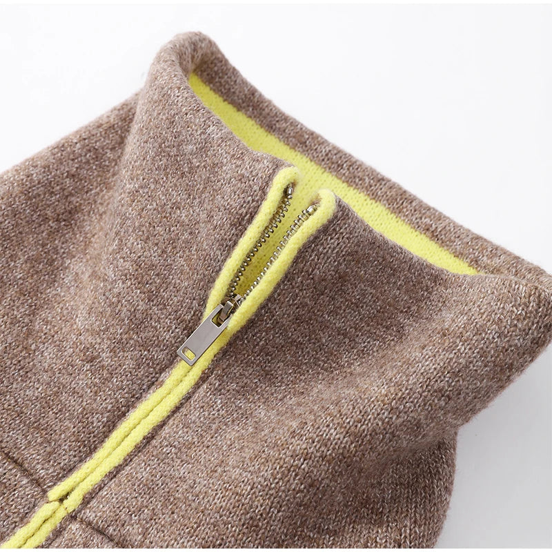 Women Casual Contrast Paneled Knitted Cardigan New Zipper Full Sleeve Pocket Bomber Short Coats Lady Autumn Winter Street Jacket