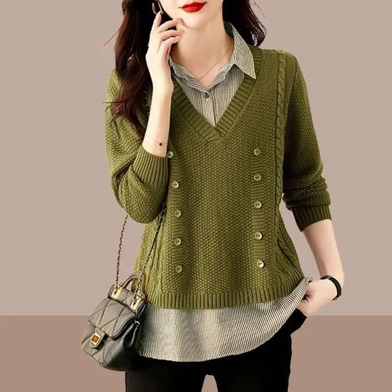 Fake Two Piece Top Knit Sweater Women's Splice Shirt Collar 2026 Spring Autumn New Korean Loose Long Sleeve Sweater Brown Shirt