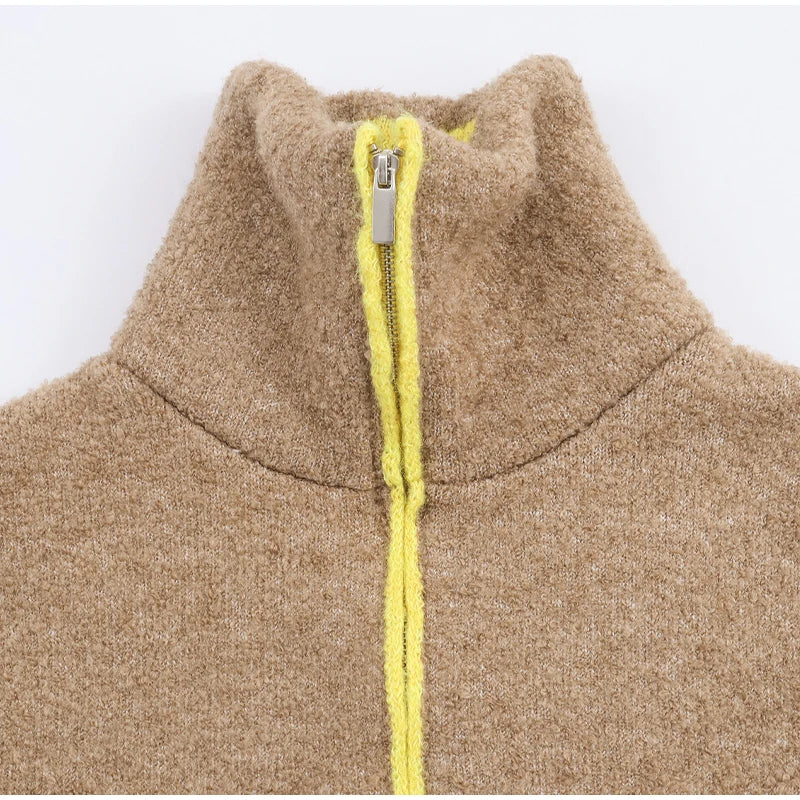 Women Casual Contrast Paneled Knitted Cardigan New Zipper Full Sleeve Pocket Bomber Short Coats Lady Autumn Winter Street Jacket